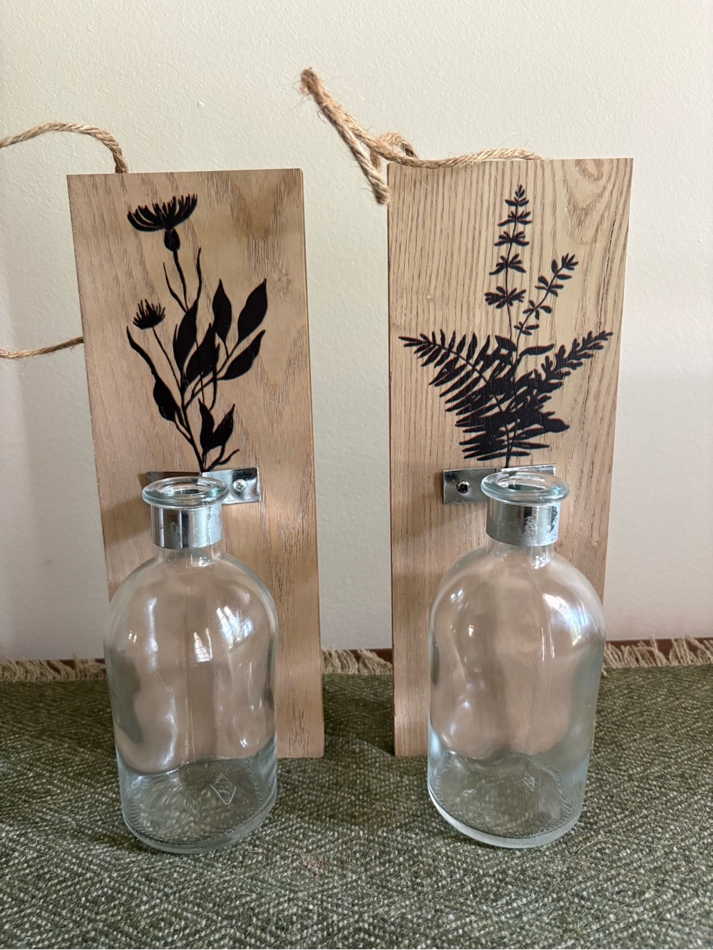 Cornflower & Fern 10” Wood Framed Clear Glass Bottle Wall Vases Set of 2 Boho